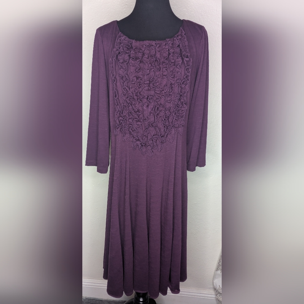 Rabbit Rabbit Rabbit Ruffled Front Purple Women's Long Sleeve A-Line Dress Sz M